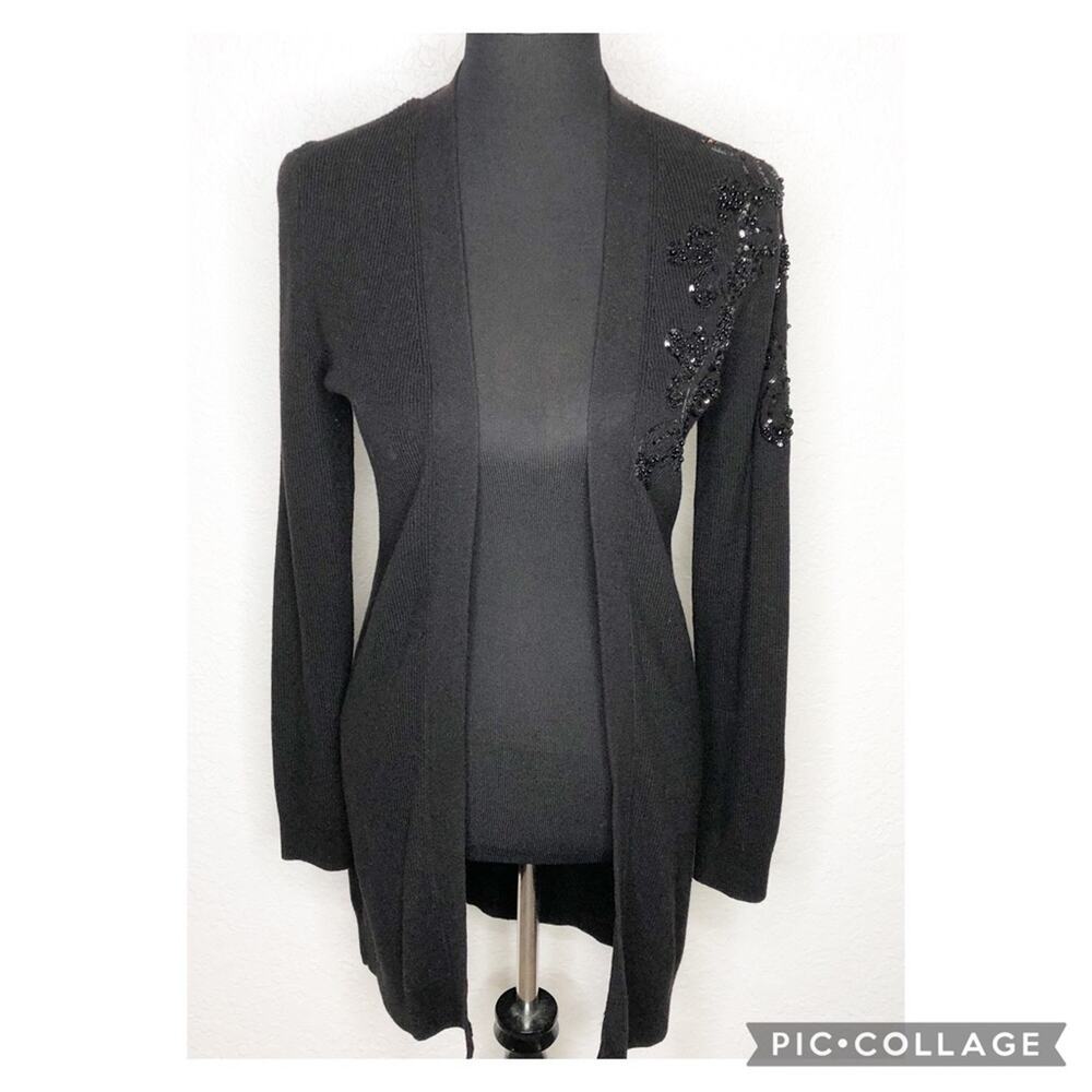 WHBM black floral sequin embellished wool blend open front cardigan Extra Small
